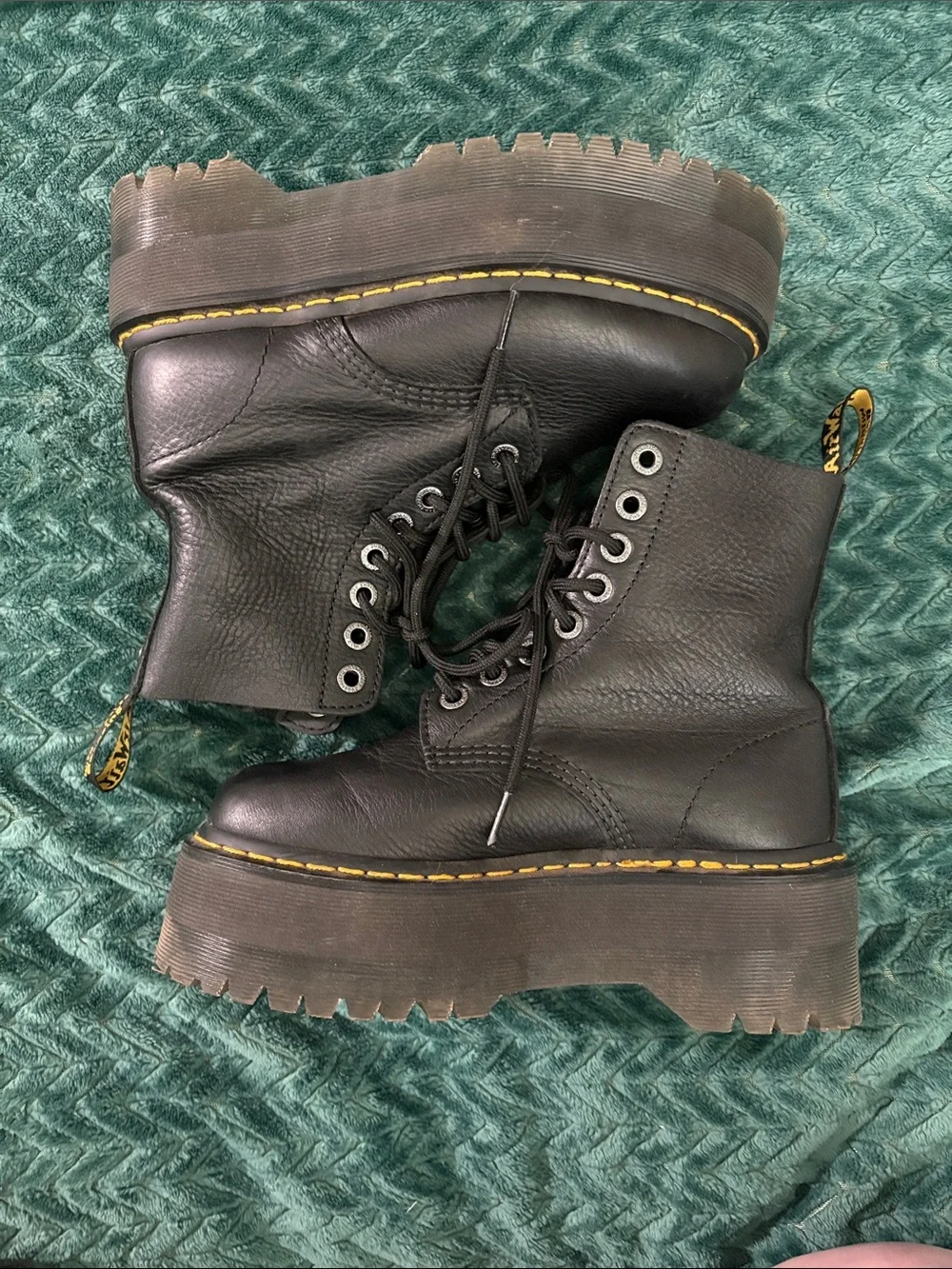 Dr. Martens Black Leather Platform Lace-Up Boots with Yellow Stitching